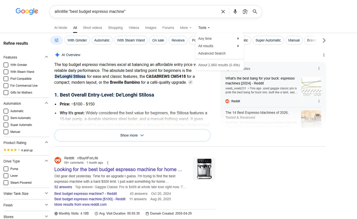 Google allintitle search example showing 18 results for best budget espresso machine