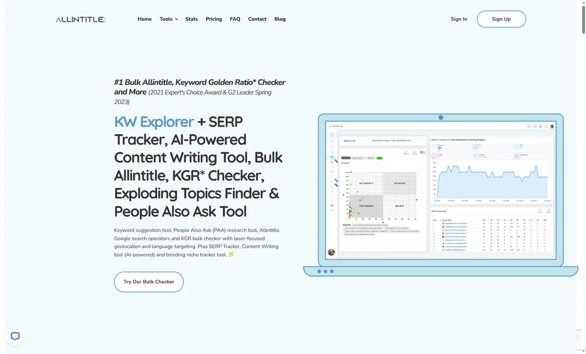 Allintitle.co bulk KGR checker interface showing keyword analysis