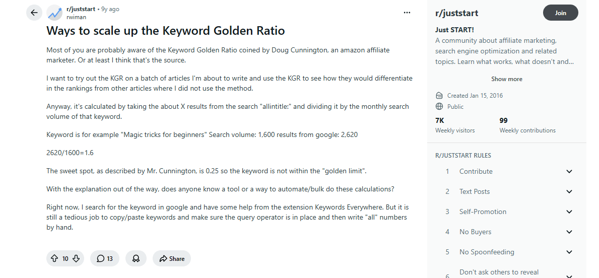 Reddit discussion about scaling KGR keyword research