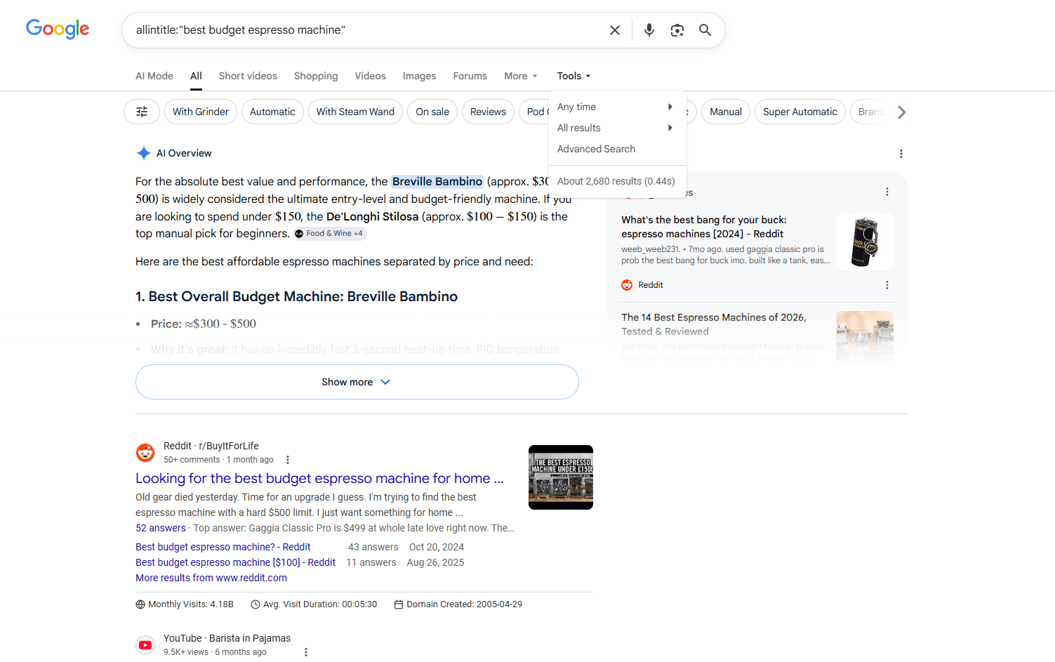 Manual KGR allintitle search example in Google