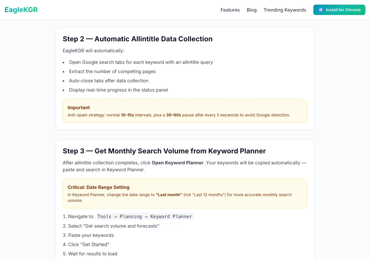 EagleKGR user guide Step 3 Keyword Planner search volume workflow