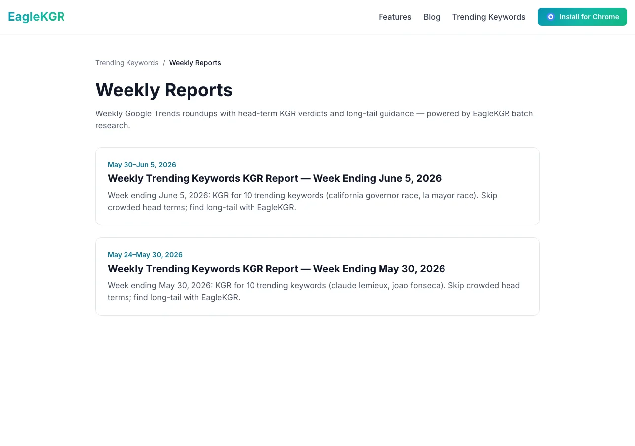EagleKGR weekly trending keywords page for long-tail seed ideas