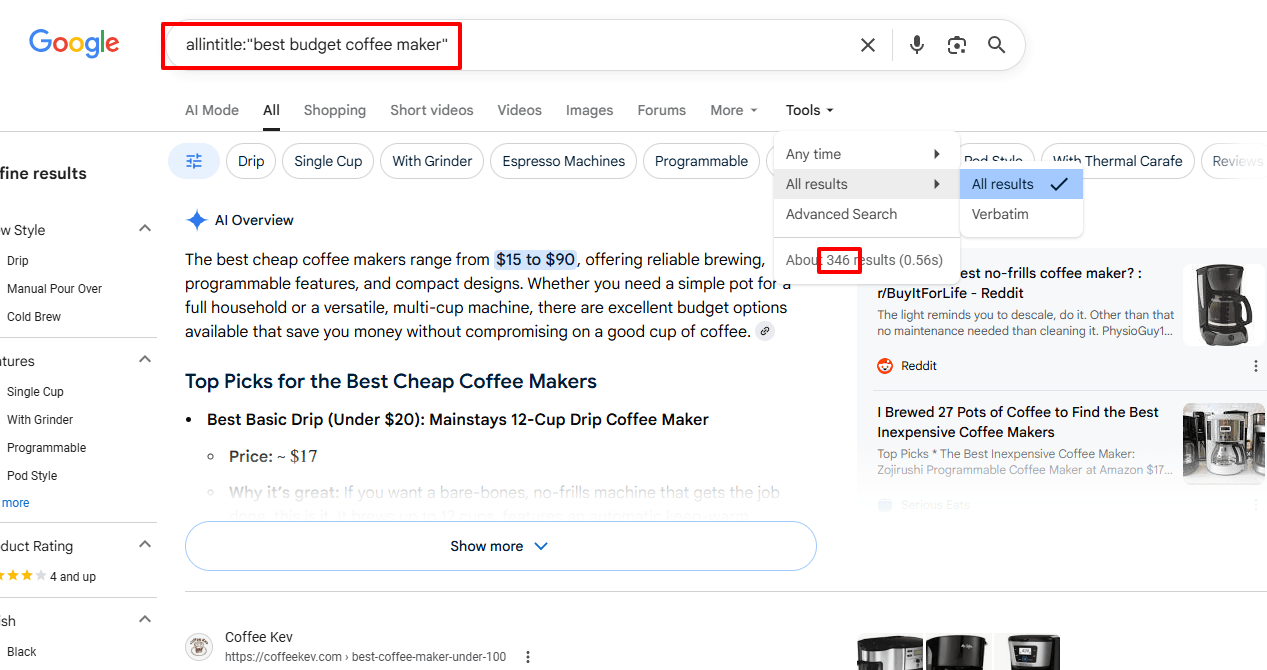 Allintitle Search Example in Google